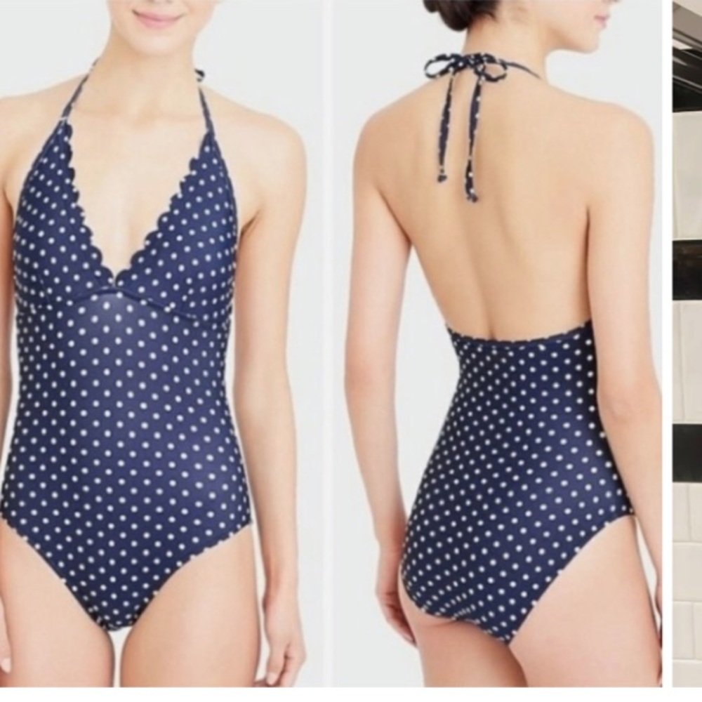 J. Crew L Scalloped Plunge Navy White Polka Dot One Piece Bathing Suit GUC